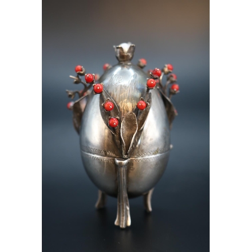 283 - RARE c19th Russian Silver Egg Dated 1878 with branches of red berries & inset with a pearl to the to... 