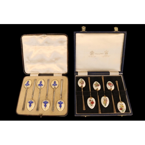 288 - Cased set of 6 Silver enamelled Teaspoons Birmingham 1913 65g and a Cased Set of Silver Enamelled Ma... 