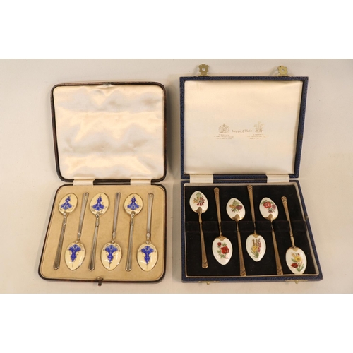 288 - Cased set of 6 Silver enamelled Teaspoons Birmingham 1913 65g and a Cased Set of Silver Enamelled Ma... 