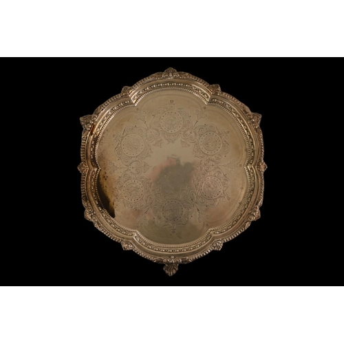 295 - Edwardian Silver Salver on ball on claw feet with engraved central roundels. London 1903 670g total ... 