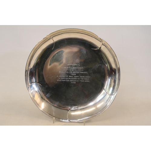 296 - Sterling Silver World War II Presentation Lily decorated dish engraved 'Presented to Mr.H.T.Langston... 