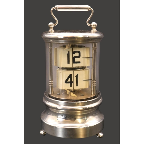 319 - Antique Junghans Plato Silver flip clock of cylindrical form Birmingham 1905 by Charles S Green & Co... 