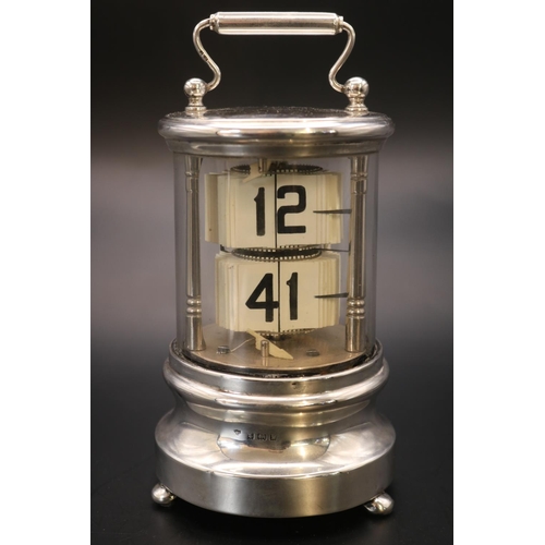 319 - Antique Junghans Plato Silver flip clock of cylindrical form Birmingham 1905 by Charles S Green & Co... 