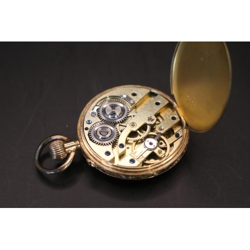 321 - Ladies European 14K pocket watch with engraved case with roman numeral dial 35mm in Diameter (hinge ... 