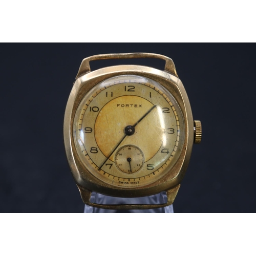 323 - Fortex Gentlemen's 9ct Gold Cushion shaped wristwatch 15 Jewel with numeral dial. Engraved  26mm in ... 