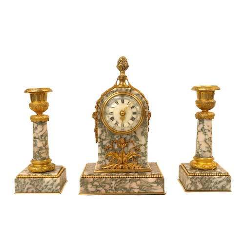 332 - French 8 Day Marble Clock with garnitures and applied brass Gilt Foliage and similar decorated Candl... 