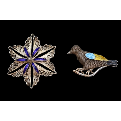 351 - Fine Silver Enamelled Avian Bird Brooch mounted on perch with Rub over set Garnet eye above Blue, Ye... 