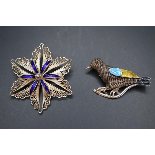 351 - Fine Silver Enamelled Avian Bird Brooch mounted on perch with Rub over set Garnet eye above Blue, Ye... 