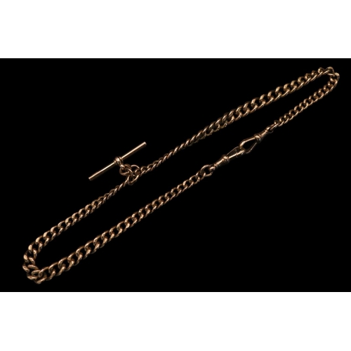 358 - Edwardian 9ct Gold Double watch chain with lobster clasps and central T bar. 44g total weight, 40cm ... 