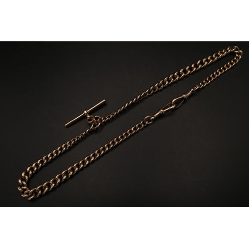 358 - Edwardian 9ct Gold Double watch chain with lobster clasps and central T bar. 44g total weight, 40cm ... 