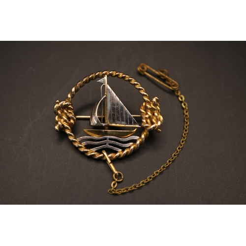 359 - Art Deco 9ct Gold Maritime Sailing design brooch with central Sailing boat on White gold waves withi... 