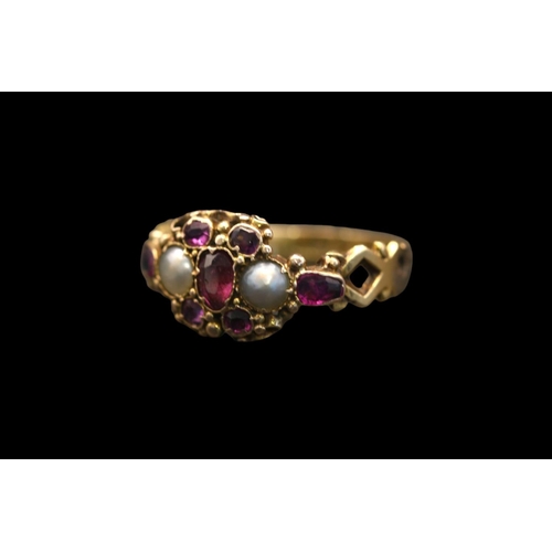 362 - Victorian 18ct Gold Amethyst & Seed Pearl set ring. Comprising of 2 Rub over set seed pearls surroun... 