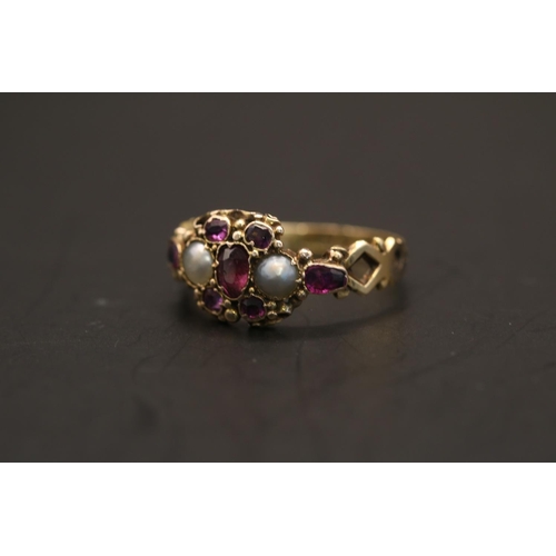 362 - Victorian 18ct Gold Amethyst & Seed Pearl set ring. Comprising of 2 Rub over set seed pearls surroun... 