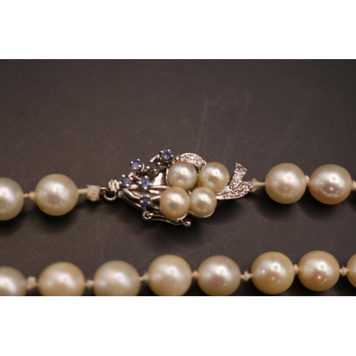 365 - Fine Necklace set of Cultured Pearls set of 14K White Gold Sapphire & Diamond set clasp. 61 Hand kno... 