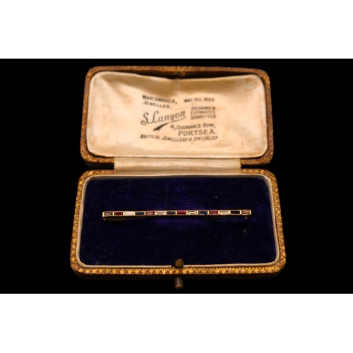 367 - Gentlemen's Sapphire, Ruby & Diamond set Tie Pin. Mounted on 18ct Gold 14 alternating Rectangular fa... 