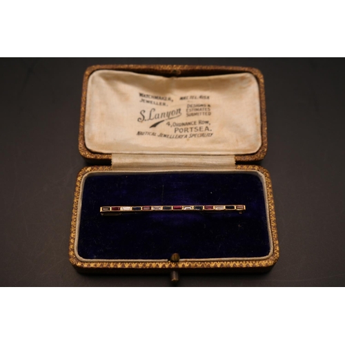 367 - Gentlemen's Sapphire, Ruby & Diamond set Tie Pin. Mounted on 18ct Gold 14 alternating Rectangular fa... 