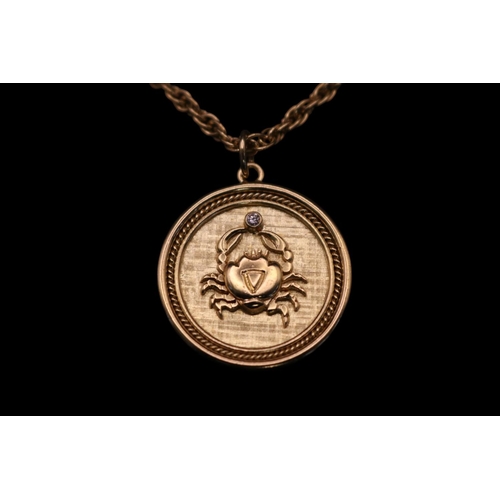 368 - Zodiac design 18ct Gold Circular Diamond set Pendant on chain. Circular pendant with applied Crab mo... 