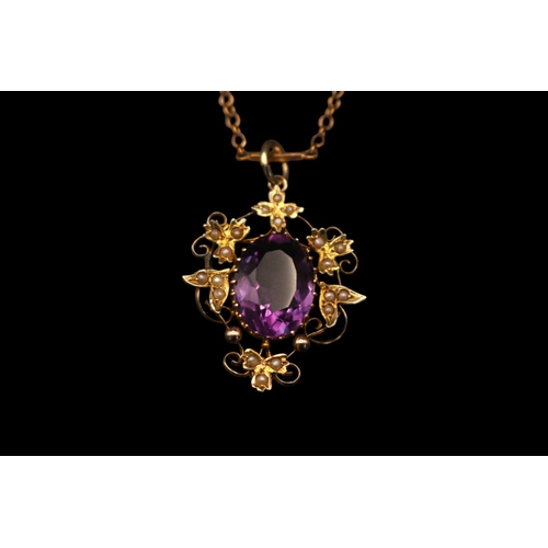 369 - 9ct Gold Edwardian Oval Amethyst Pendant with Foliate seed pearl setting. Oval Facetted Amethyst 15m... 