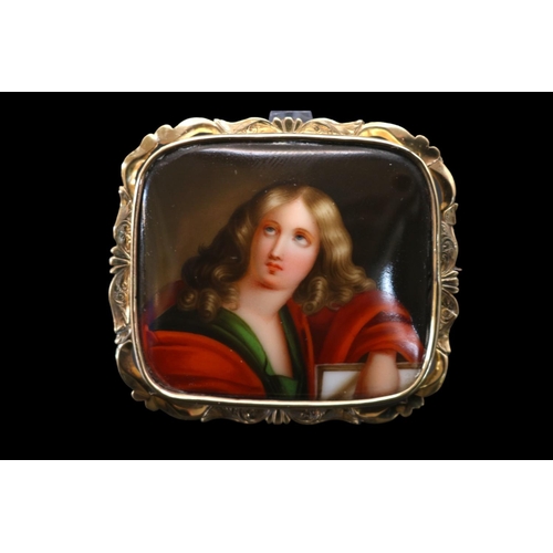 374 - Victorian Porcelain portrait Cameo brooch of rectangular form depicting a Pre-Raphaelite portrait in... 