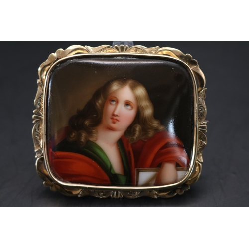 374 - Victorian Porcelain portrait Cameo brooch of rectangular form depicting a Pre-Raphaelite portrait in... 