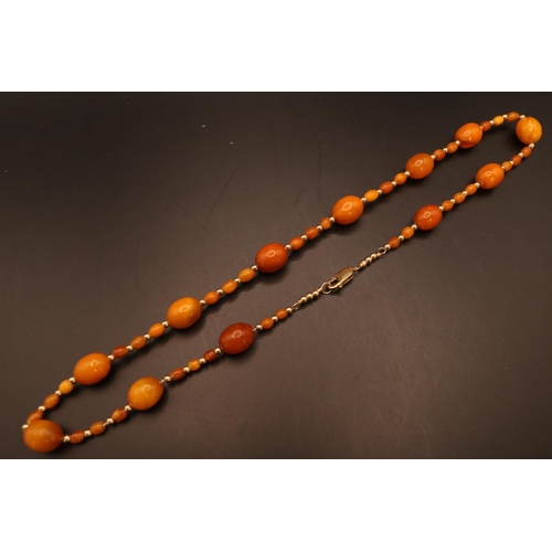 376 - Ladies Amber and 9ct gold beaded necklace. 48 Oval Amber beads 3mm to 8mm with 9ct gold beads mounte... 