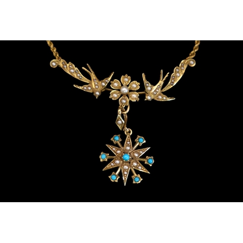 388 - Late Victorian Ladies 15ct gold Seed pearl and Turquoise set Swallow and star necklace. 8.4g total w... 