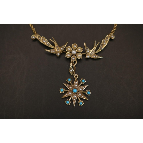 388 - Late Victorian Ladies 15ct gold Seed pearl and Turquoise set Swallow and star necklace. 8.4g total w... 