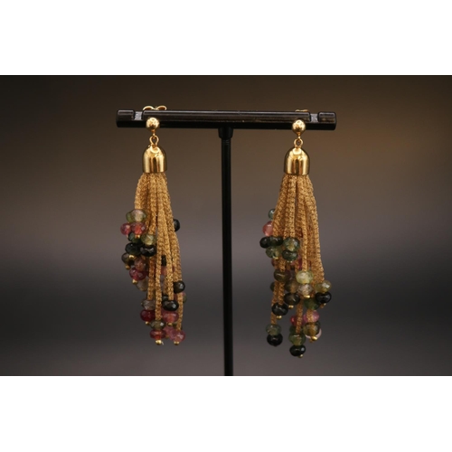 395 - Pair of 18ct Gold Multi Faceted Tourmaline drop earrings of  5 different colours. 6cm in Length . 16... 