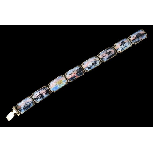 399 - Norwegian enamelled silver panel bracelet, each square enamel panel depicting a stylised Scandinavia... 