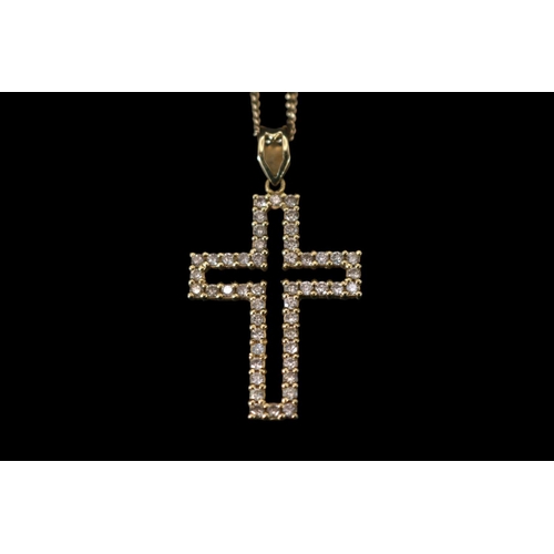 403 - 18ct Gold Diamond Claw set Cross on chain 1.00ct total. 42cm in Length. 7g total weight