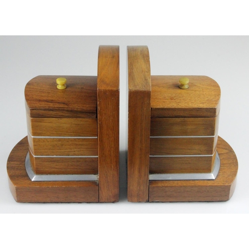 103 - Art Deco Walnut Bookends with Aluminium Trim. Each with a compartment, fitted lid and bakerlite hand... 