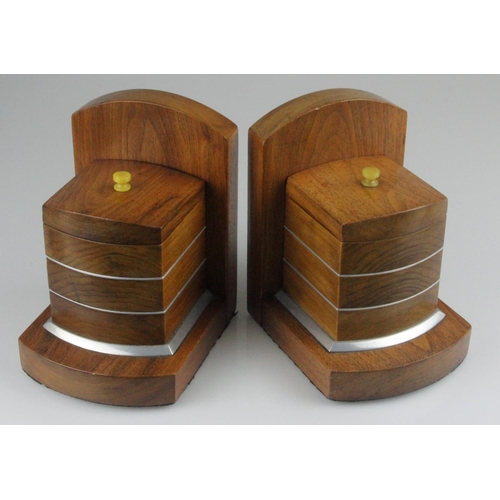 103 - Art Deco Walnut Bookends with Aluminium Trim. Each with a compartment, fitted lid and bakerlite hand... 