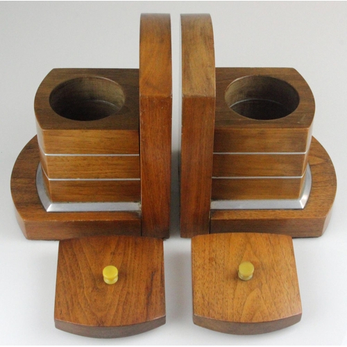 103 - Art Deco Walnut Bookends with Aluminium Trim. Each with a compartment, fitted lid and bakerlite hand... 