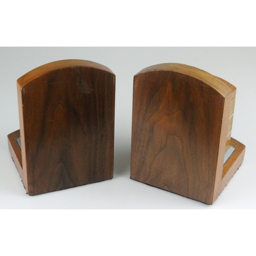 103 - Art Deco Walnut Bookends with Aluminium Trim. Each with a compartment, fitted lid and bakerlite hand... 