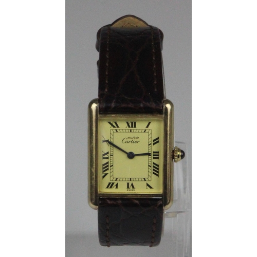 338 - Cartier Vermeil Tank Must De Quartz Silver Gilt Unisex Wristwatch Box & Papers. Cartier Vermeil Tank... 