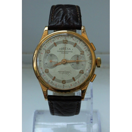 339 - Coresa 18ct Gold Chronograph Wristwatch. Coresa 18ct gold chronograph manual wind wristwatch. On qua... 