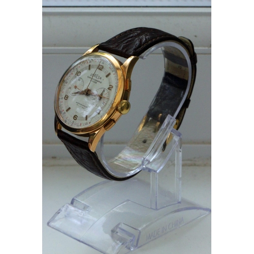 339 - Coresa 18ct Gold Chronograph Wristwatch. Coresa 18ct gold chronograph manual wind wristwatch. On qua... 