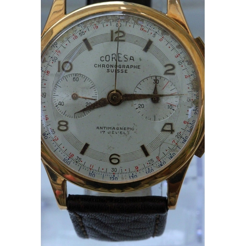 339 - Coresa 18ct Gold Chronograph Wristwatch. Coresa 18ct gold chronograph manual wind wristwatch. On qua... 