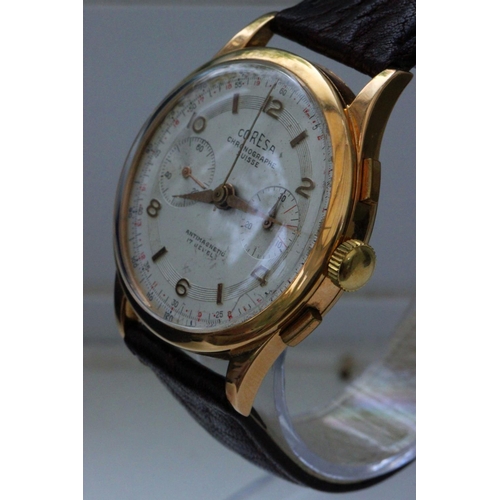 339 - Coresa 18ct Gold Chronograph Wristwatch. Coresa 18ct gold chronograph manual wind wristwatch. On qua... 