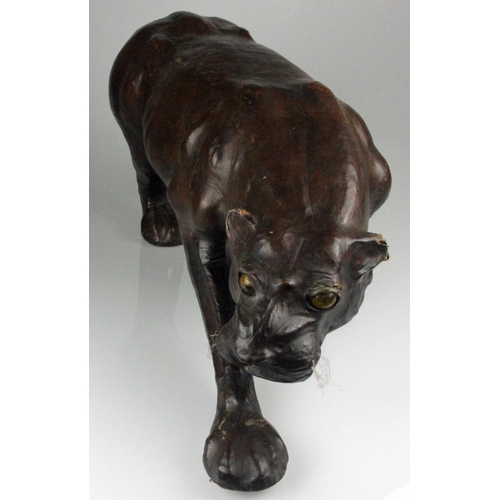 63 - Large Leather Covered Panther with Glass Eyes in the Manner of Omersa for Liberty & Co. Measures len... 