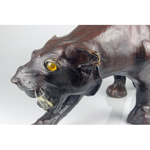 63 - Large Leather Covered Panther with Glass Eyes in the Manner of Omersa for Liberty & Co. Measures len... 