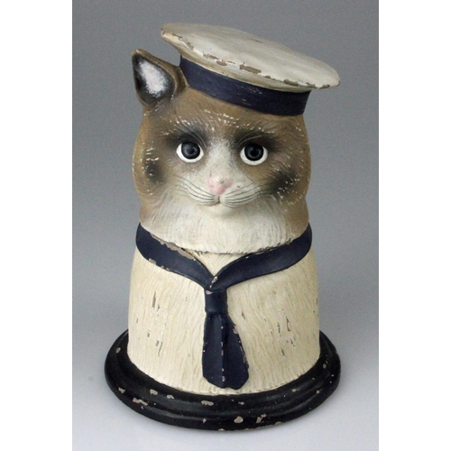 67 - RARE Victorian Hand Painted Syroco Jar in form of a Cat in Sailors Outfit. Detailed modeling of his ... 