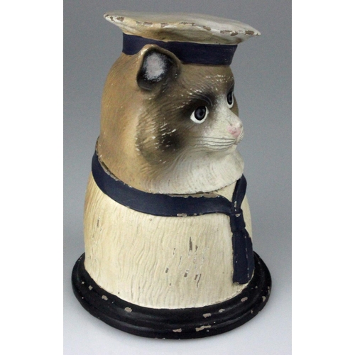 67 - RARE Victorian Hand Painted Syroco Jar in form of a Cat in Sailors Outfit. Detailed modeling of his ... 