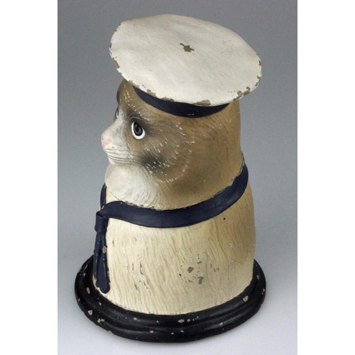 67 - RARE Victorian Hand Painted Syroco Jar in form of a Cat in Sailors Outfit. Detailed modeling of his ... 