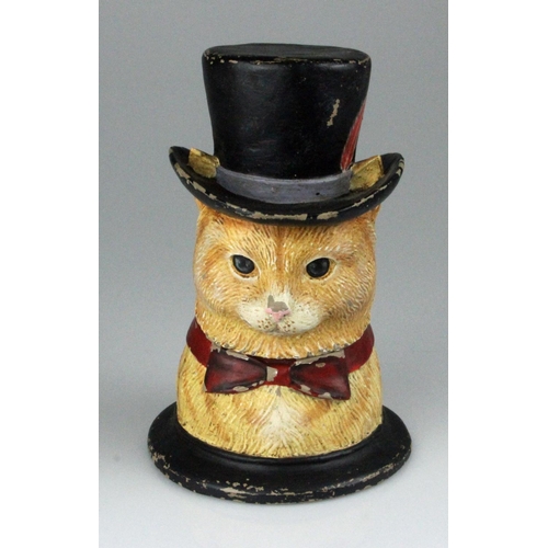 68 - RARE Victorian Hand Painted Syroco Jar in form of a Cat in Top Hat. Detailed modeling of his fur, to... 