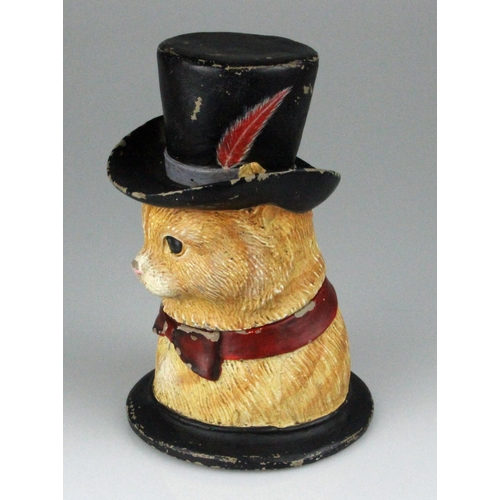 68 - RARE Victorian Hand Painted Syroco Jar in form of a Cat in Top Hat. Detailed modeling of his fur, to... 