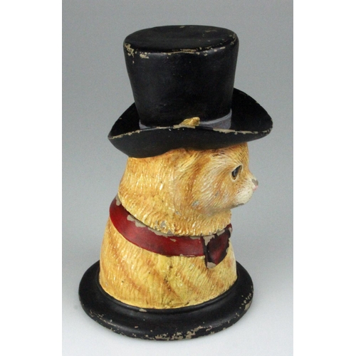 68 - RARE Victorian Hand Painted Syroco Jar in form of a Cat in Top Hat. Detailed modeling of his fur, to... 