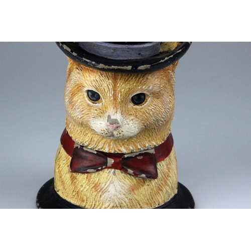 68 - RARE Victorian Hand Painted Syroco Jar in form of a Cat in Top Hat. Detailed modeling of his fur, to... 