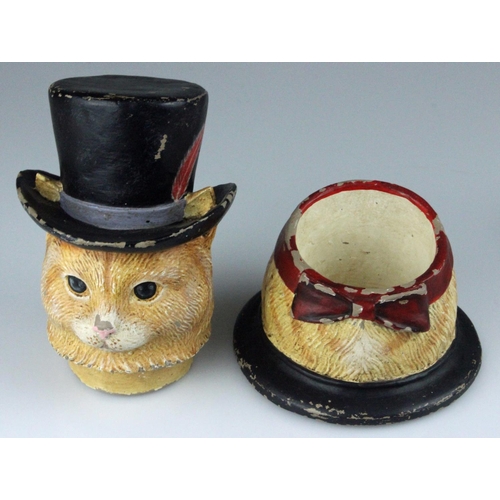 68 - RARE Victorian Hand Painted Syroco Jar in form of a Cat in Top Hat. Detailed modeling of his fur, to... 