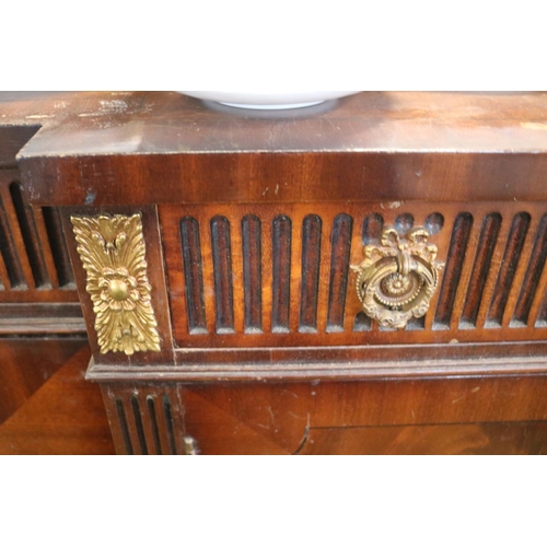 494 - Reproduction Breakfront Walnut veneered sideboard with applied gilded decoration and brass drop hand... 